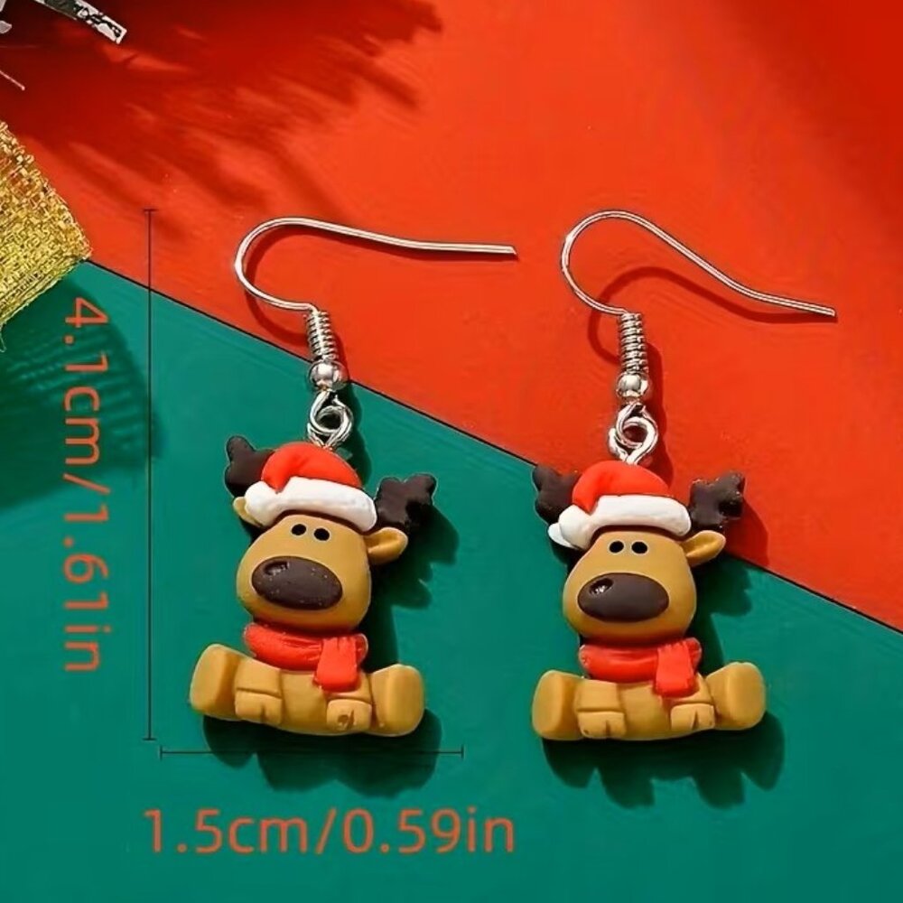 Christmas Reindeer Earrings - Cute Santa Hat & Scarf Z151